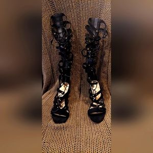 Black, suede, wedge gladiator sandal